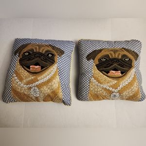 NWT- (2) Karma Living Embroidered Pug Pillow, 18in x 18in. 2 PILLOWS INCLUDED